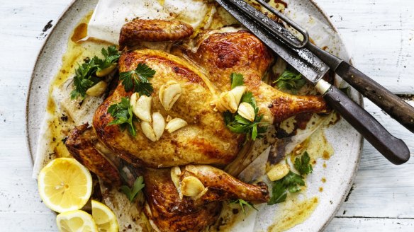 Adam Liaw's roast chicken with garlic brown butter. 