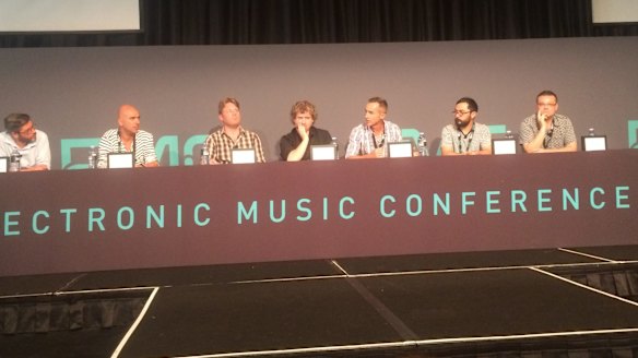 Panellists discuss the lockout legislation at the Electronic Music Conference in Sydney on Tuesday.