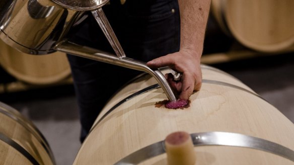 The cellar master tops up a wine barrel at Chateau Marquis d'Alesme in Margaux, France. 