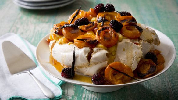Karen Martini's pavlova topped with vanilla-roasted apricots, blackberries and lemon curd (