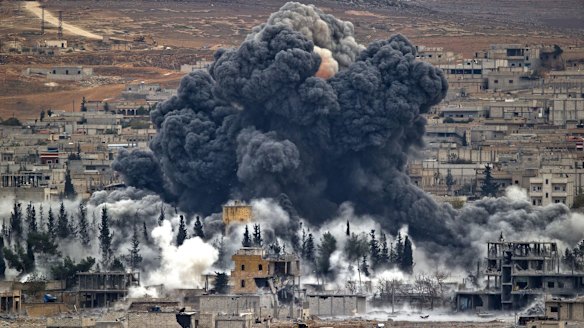 Smoke rises from Kobane after an airstrike by the US-led coalition in November.