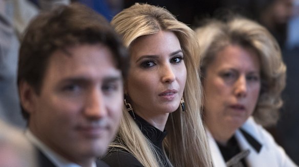 Ivanka Trump and Justin Trudeau during a roundtable discussion on the advancement of women in DC last month. 