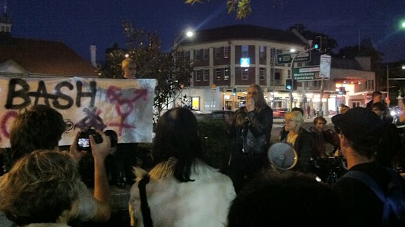 Stephanie McCarthy addressed a 300-strong crowd in front of the Town Hall Hotel in Newtown.
