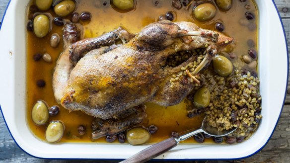 Freekah-stuffed roast duck.