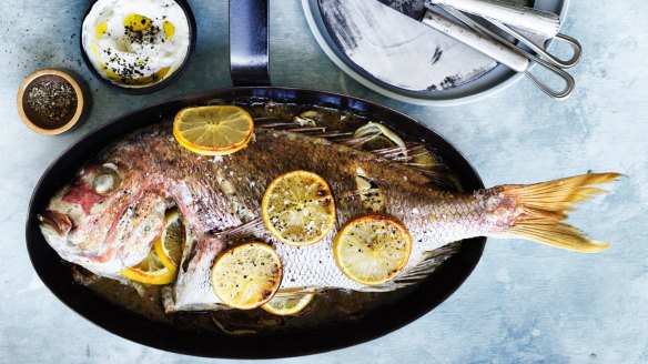 Baked snapper with dill cream and burnt onions.