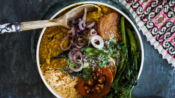 Like a hug in a bowl: Peshwari topped dhal with curry-roasted pumpkin and greens.