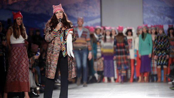 Fashion designer Angela Missoni talks at the end of the presentation of the Missoni women's Fall-Winter 2017-2018 collection.