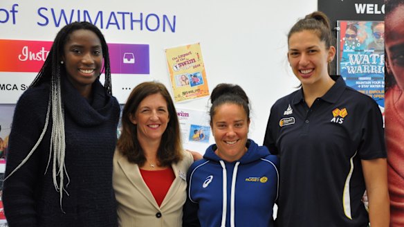 Under 17s Australian basketballer, Ezi Magbegor, YMCA Australia chief executive Melinda Crole,?Wallaroos rugby player?Louise Burrows and Canberra Capitals basketballer Marianna Tolo.?