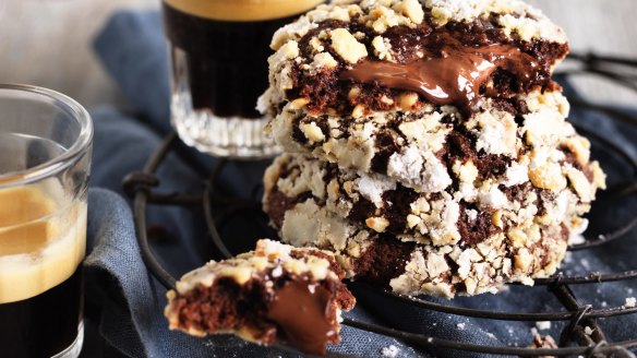 Gooey, chewy chocolate hazelnut cookies. For crunchier biscuits, adjust the baking time.