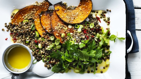 Neil Perry's warm lentil salad with pumpkin and chilli. 