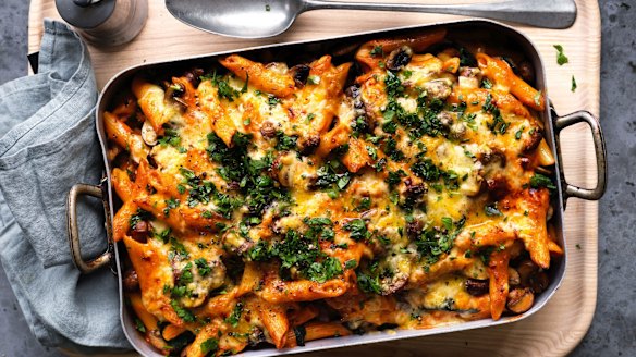 Adam Liaw's mushroom and spinach stroganoff pasta bake.