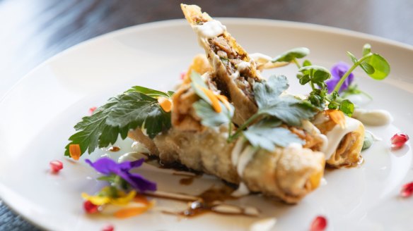 Duck borek: House-made yufka pastry filled with shredded duck, onions, currants and pinenuts.