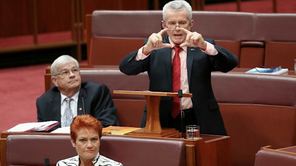 Senator Malcolm Roberts delivers his first speech as One Nation party leader Pauline Hanson listens.