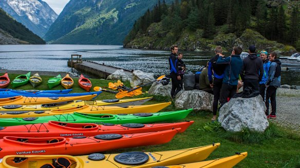 Kayaking on Naeroyforden Fjord.
