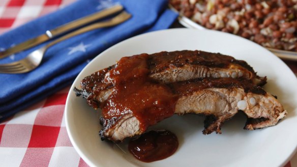 The finished product: Hickory-smoked spare ribs with Kentucky bourbon barbecue sauce.