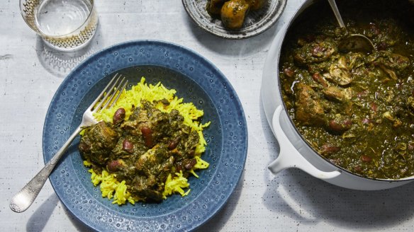Khoresh-e ghormeh sabzi, or Persian herb, bean and lamb stew, in New York, April 25, 2019. The stew is often called Iran's national dish. Food Stylist: Simon Andrews. Prop Stylist: Paige Hicks. (Con Poulos/The New York Times)
 Persian lamb, bean and herb stew by Samin Nosrat.