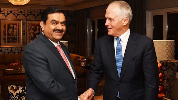 Adani Group founder and chairman Gautam Adani meets with Prime Minister Malcolm Turnbull in Delhi in April.