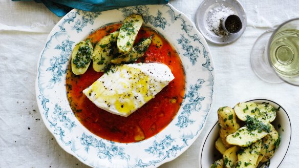 Steamed Blue Eye Trevalla Fillet with Red Pepper and Leek Coulis.