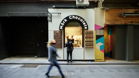 Mork Chocolate has opened a tiny takeaway store in the CBD, converting a disused lift shaft into a space to sell hot chocolate, cakes and pastries. 