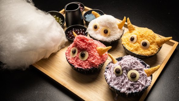 Monster bingsu shaved ice desserts come with your choice of toppings.
