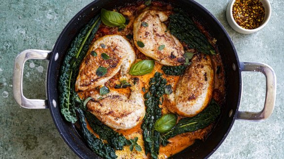 Creamy tomato one-pot chicken with cavolo nero.