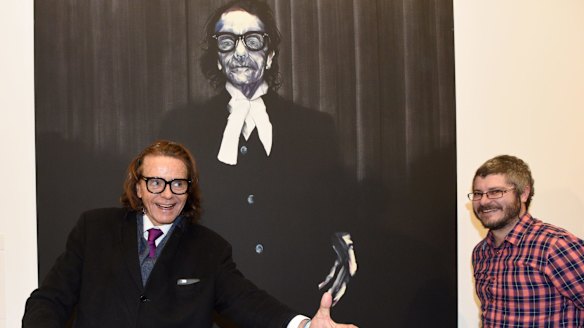 Artist Nigel Milsom with subject Charles Waterstreet and the work <em>Judo house pt 6 (the white bird)</em>. The portrait won the 2015 Archibald Prize.