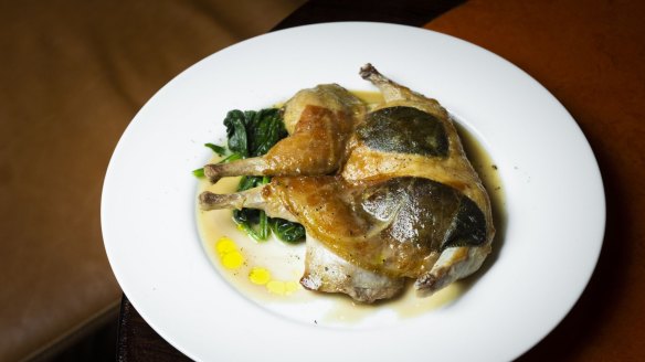Butterflied quail saltimbocca with marsala sauce.