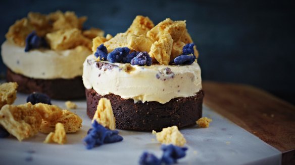 Individual violet crumble ice-cream cakes.