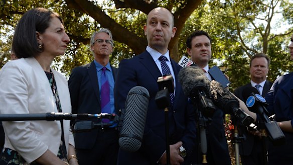 NSW Premier Gladys Berejiklian, Football Federation Australia chief David Gallop, NRL boss Todd Greenberg, Sports Minister Stuart Ayres, and Australian Rugby Union chief Bill Pulver at the announcement of $2 billion in funding for the new stadiums.