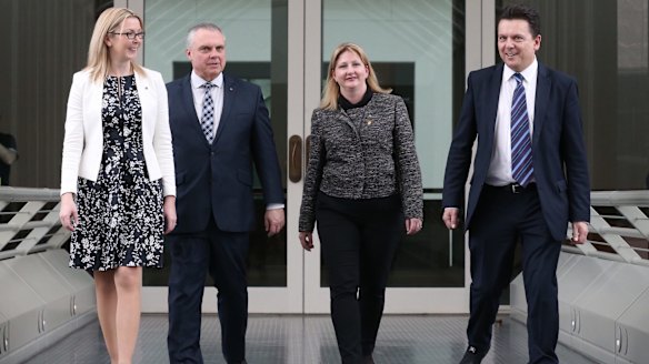 The Nick Xenophon Team's Senator Skye Kakoschke-Moore, Senator Stirling Griff, Rebekha Sharkie MP and Senator Nick Xenophon.