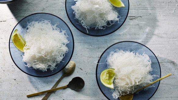 Faloodeh, or Persian lime and rose water granita with rice noodles, in New York, April 26, 2019. Faloodeh is an ancient Persian dessert. Food Stylist: Simon Andrews. Prop Stylist: Paige Hicks. (Con Poulos/The New York Times)
 Persian lime and rose water granita by Samin Nosrat.