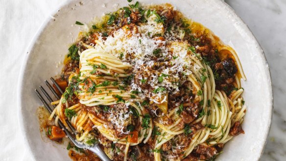 Sneak plenty of vegies into this 50/50 bolognese sauce.