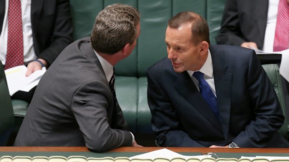 Leader of the House Christopher Pyne and Tony Abbott during question time at Parliament House. 