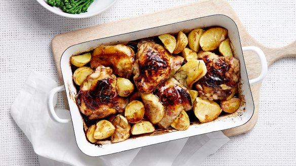 Vegemite chicken tray bake is simple to prepare and requires minimal washing up.

