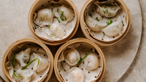 Assorted dumplings including scallop and prawn, vegetable, prawn and snow pea. 