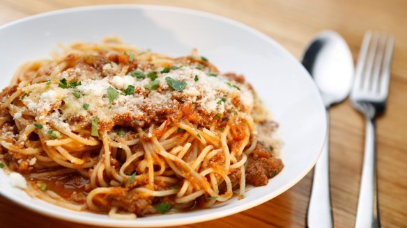 Spaghetti bolognese and rigatoni with black truffle at Etto.   