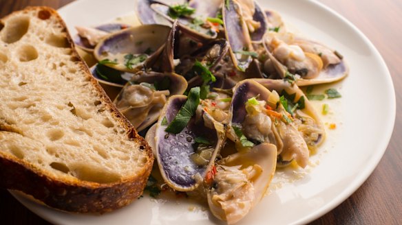 Pipis with melted butter, garlic and celery leaf. 