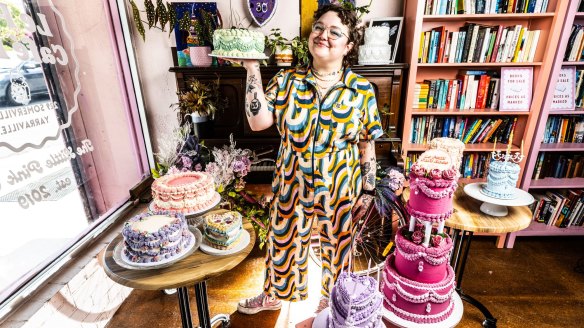 Mon Bishop with some of her sweet treats at Le Petit Cafe Rose in Yarraville.