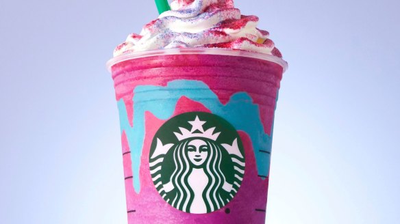 Starbucks' Unicorn Frappuccino in all its sugary hypercolour glory.