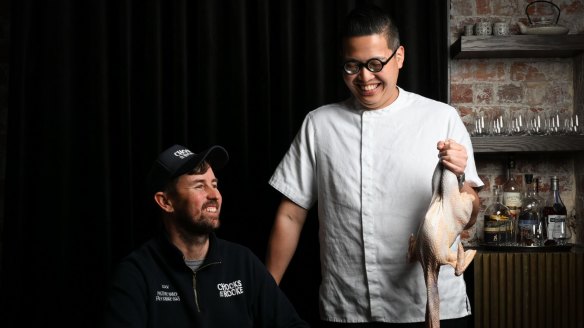 Victor Liong at Lee Ho Fook with chicken farmer Xavier Prime from Chooks at the Rooke.  