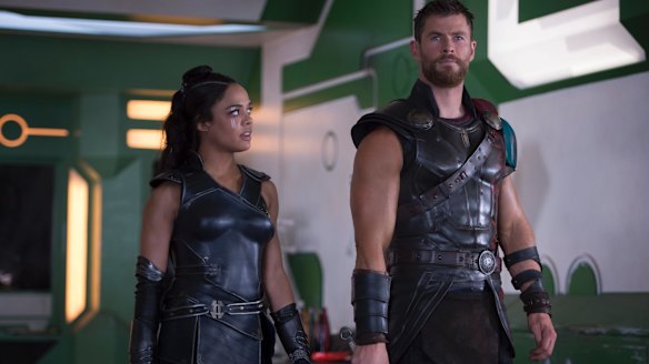 Superhero swagger: Valkyrie (Tessa Thompson) and Thor (Chris Hemsworth). 