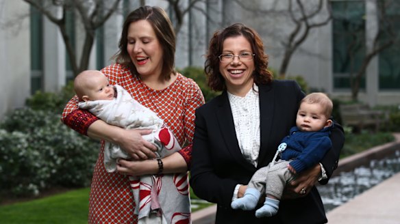 Kelly O'Dwyer with her daughter Olivia and Amanda Rishworth with her son Percy at Parliament House.