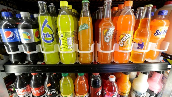 Soft drinks in a vending machine. 