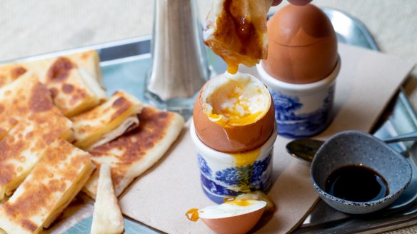 Dippy eggs with roti.