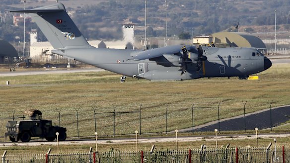 A Turkish Air Force A400M tactical transport aircraft is parked at Incirlik airbase in the southern city of Adana, Turkey, on Friday.