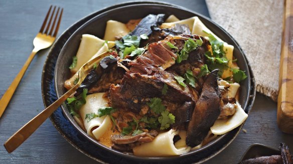 Slow-cooked beef stroganoff with thick strips of pasta.
