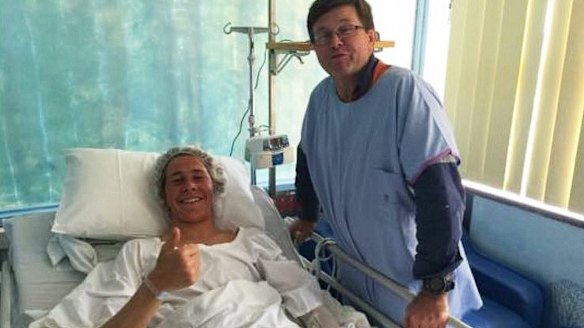 Cooper Allen, pictured with his father, was rushed to hospital after being bitten on the thigh. He was taken to Lismore Base Hospital in a stable condition. Despite the horrific attack, which left large gouges in his leg, the 17-year-old only required stitches.