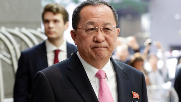 North Korea's Foreign Minister Ri Yong Ho speaks outside his hotel in New York on Monday.