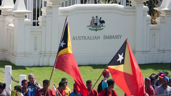 Protesters outside the Australian embassy in Dili in February calling for the Turnbull government to negotiate a maritime boundary in the Timor Sea.