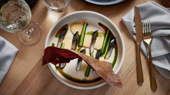 Blue mackerel, cucumber, rhubarb and miso soy custard at Flotilla, Newcastle.